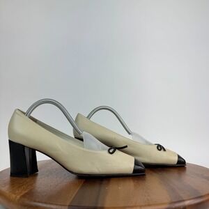 Vintage Womens Galo Black White Bow Leather‎ Italy Pumps Heels Shoes Size 40.5